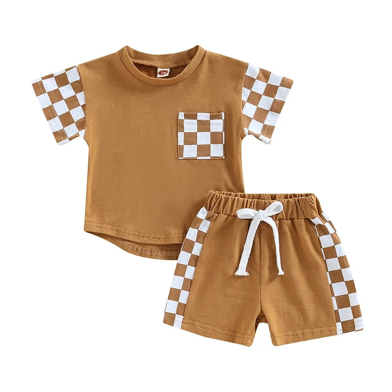 2Pcs Summer Clothes Suits Plaid Patchwork Short Sleeve Crew Neck T-Shirts and Shorts