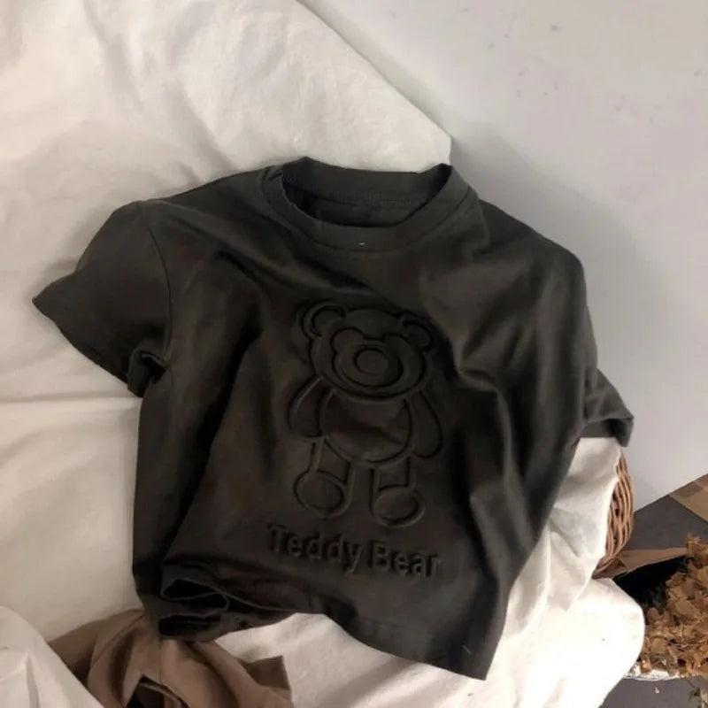 Bear Short Sleeve Tshirt Children Crew Neck Embroidery Top Kid Casual Streetwear