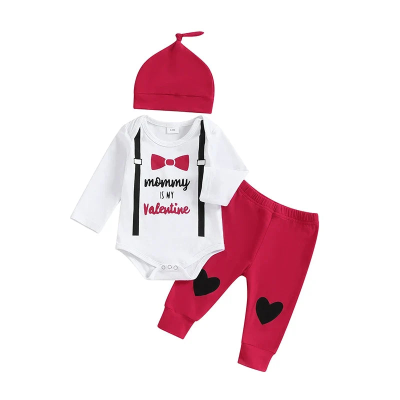 Bow Print Long Sleeve Romper with Pants and Hat Outfit