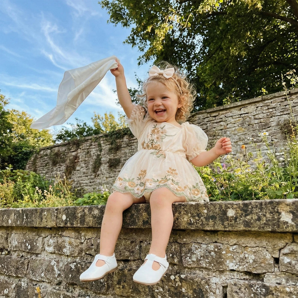 Baby Girl Summer Outfit Flower Embroidered Mesh Short Sleeve Dress and Bow Headband 2 Pcs Set