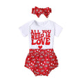 "All You Need Is Love" Short Sleeve Romper Shorts Set Headband Summer Clothes