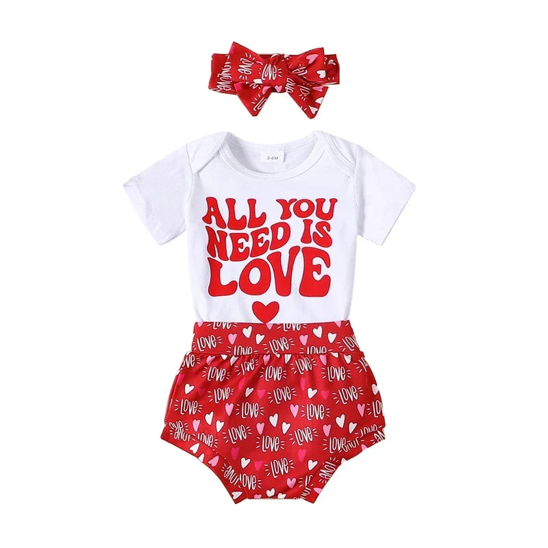 "All You Need Is Love" Short Sleeve Romper Shorts Set Headband Summer Clothes