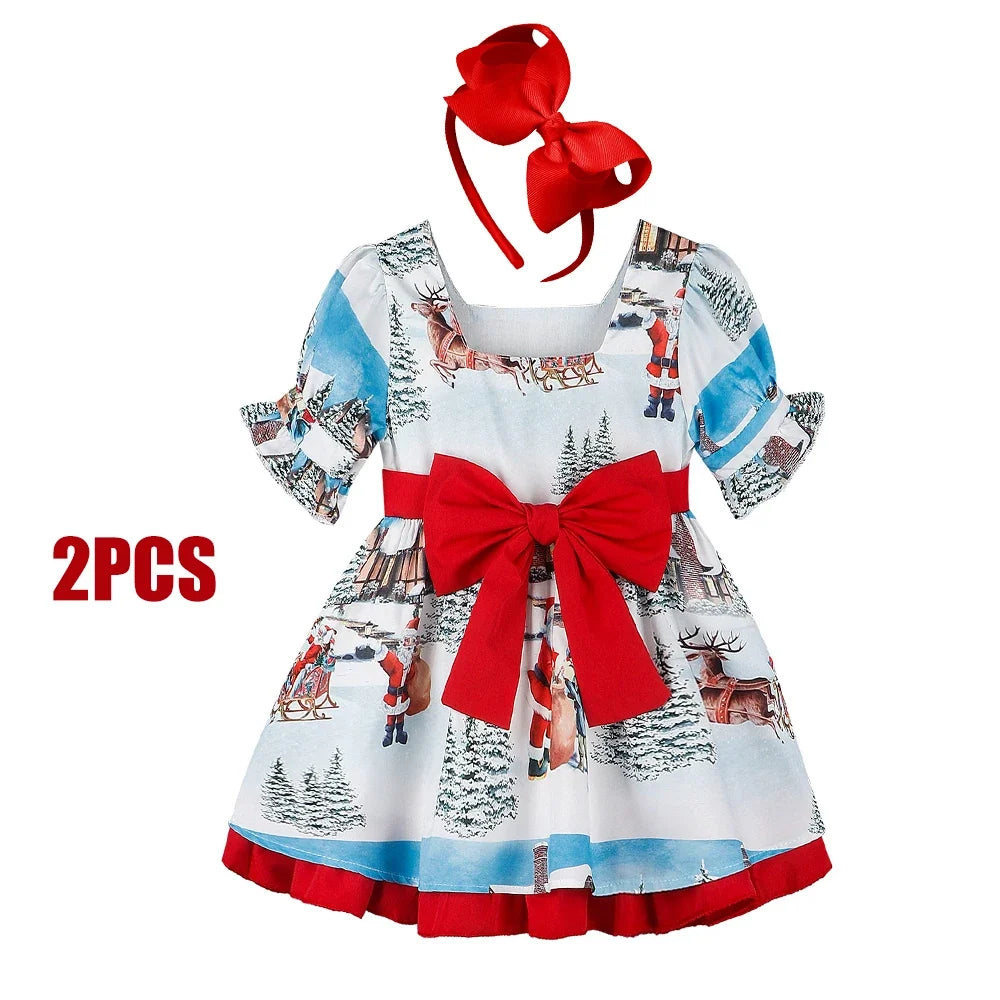 Christmas Bow Dress Kids Full Printing Casual Elk Xmas