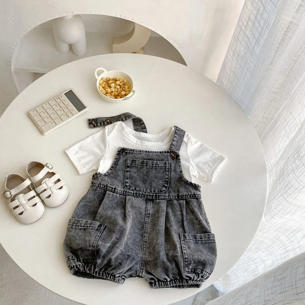 2025 Summer Outfit for Baby Boys and Girls Aged 0-3, Consisting of Denim Straps, Shorts, Two-piece Rainbow Printed T-shirt Set