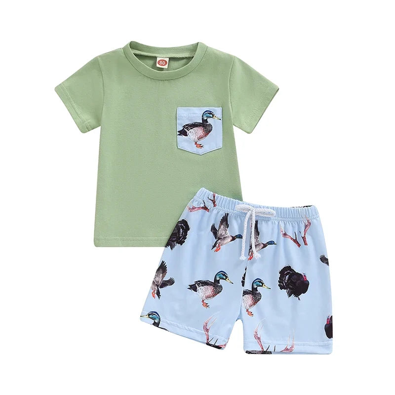Duck Print Short Sleeve T-Shirt Elastic Waist Shorts Set