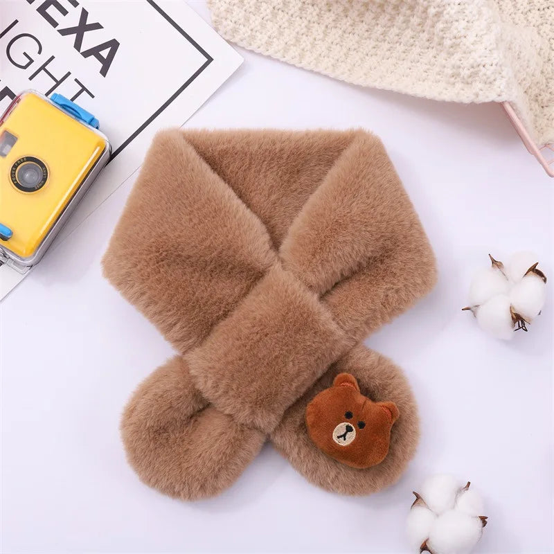 Baby Winter Warm Thicken Scarfs New Children Cute Cartoon Faux Rabbit Fur Cross Collar Scarves Boy Girl Soft Plush Scarf Gift