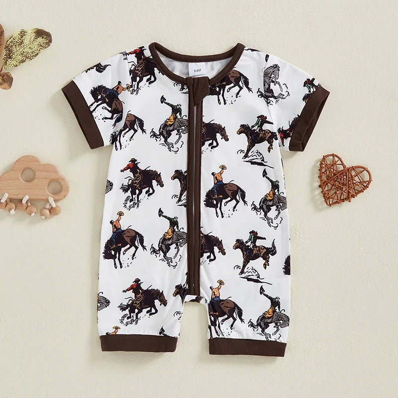 Boy Western Short Sleeve Round Neck Horse Print Jumpsuit