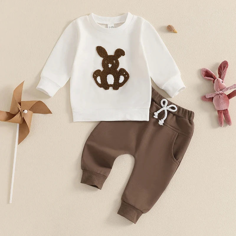 Boys Easter Outfits Bunny Embroidered Long Sleeve Sweatshirts and Long Pants