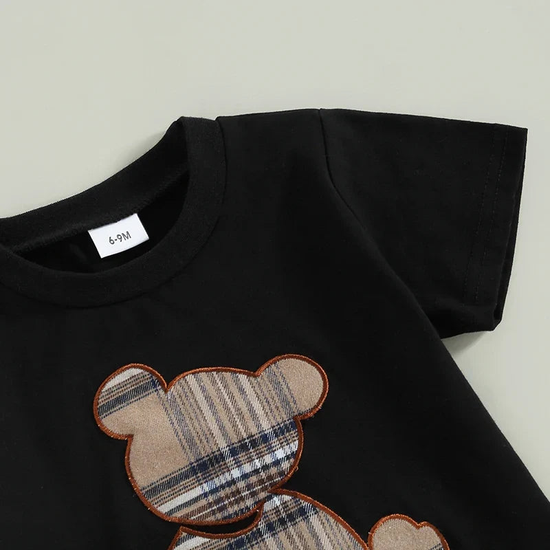 Bear Plaid T-shirt with Shorts for Casual Daily