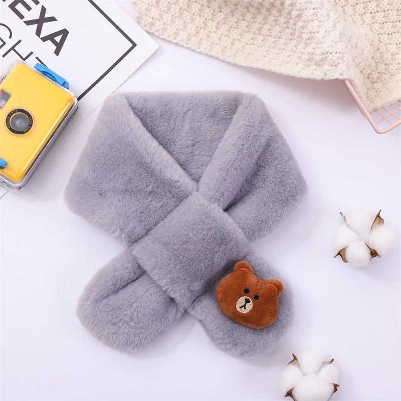 Baby Winter Warm Thicken Scarfs New Children Cute Cartoon Faux Rabbit Fur Cross Collar Scarves Boy Girl Soft Plush Scarf Gift