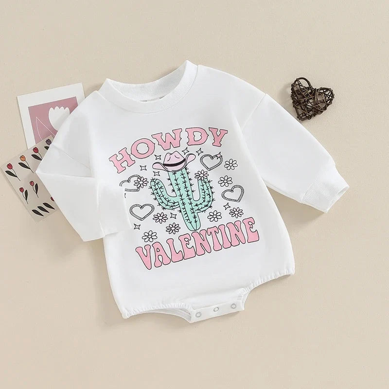 Baby Girls Romper Long Sleeve Crew Neck Letters Cactus Print