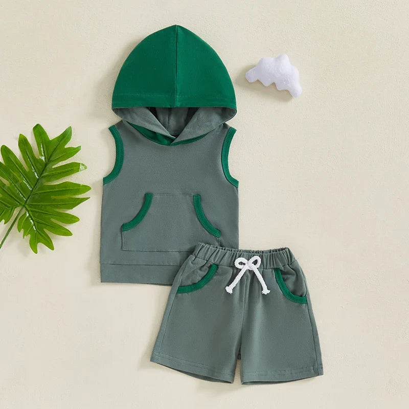 Baby Boy Shorts Set Contrast Color Sleeveless Hooded Tank Tops Elastic Waist Shorts