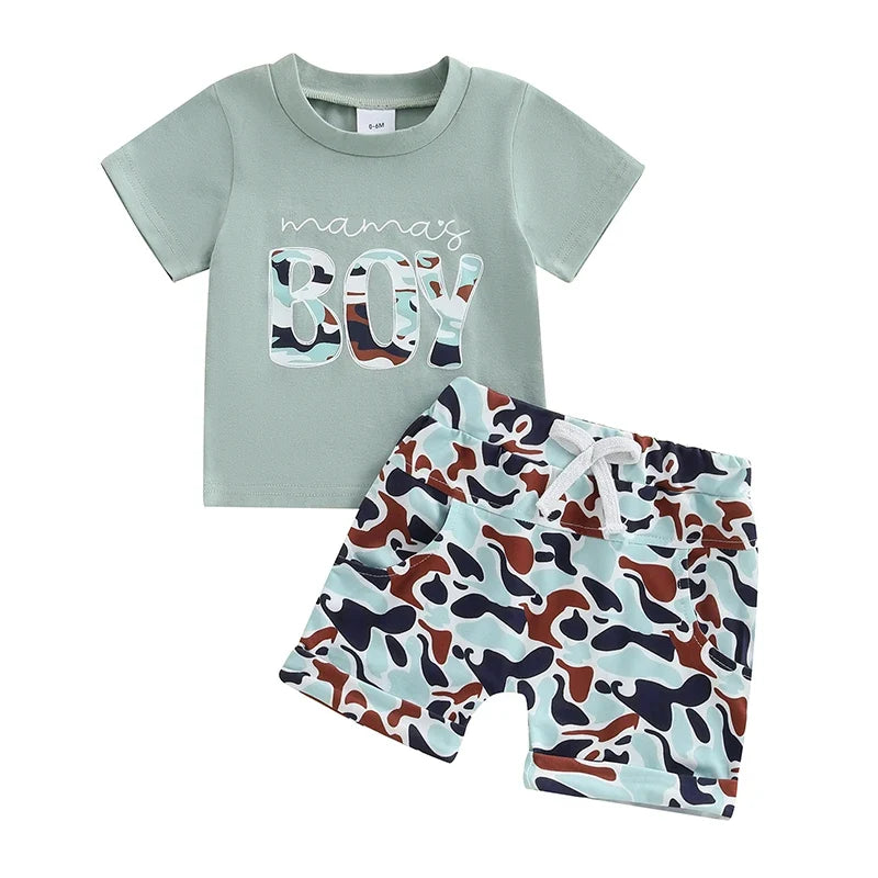 Boys Summer Shorts Sets Short Sleeve Letter Print Tops and Camouflage Shorts Sets