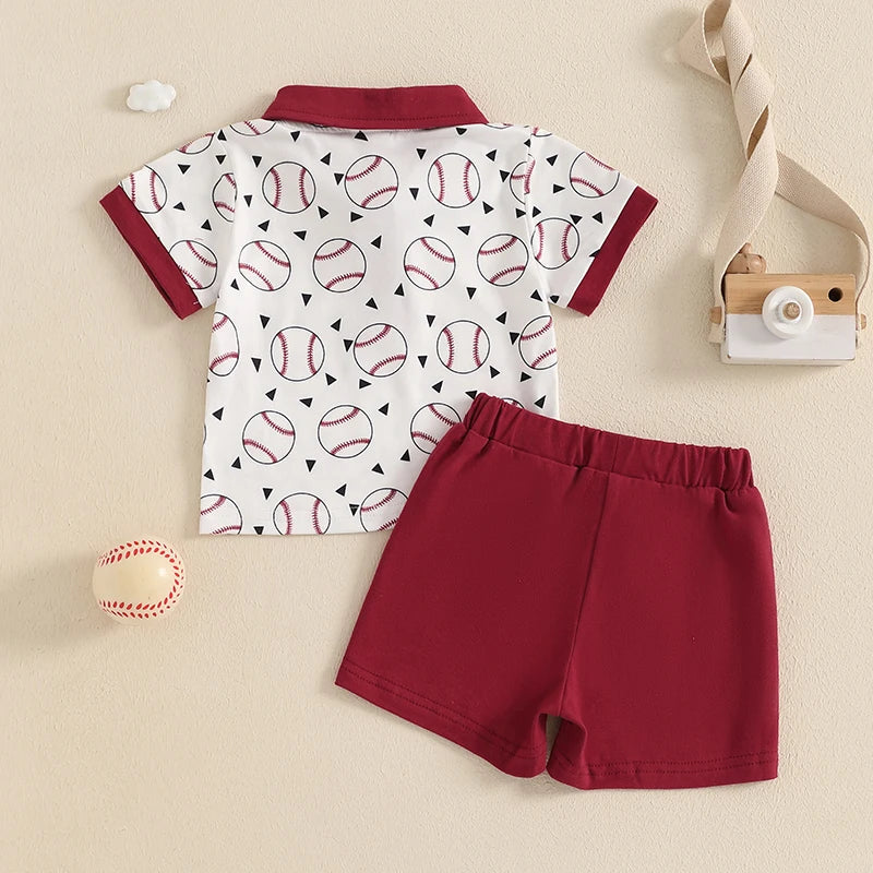 Boy Baseball Outfit Half Button-up Lapel Neck Short Sleeve Shirt Solid Short
