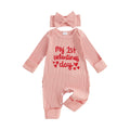 Baby Girl Long Sleeve Letters Heart Print Jumpsuit with Bowknot Headband