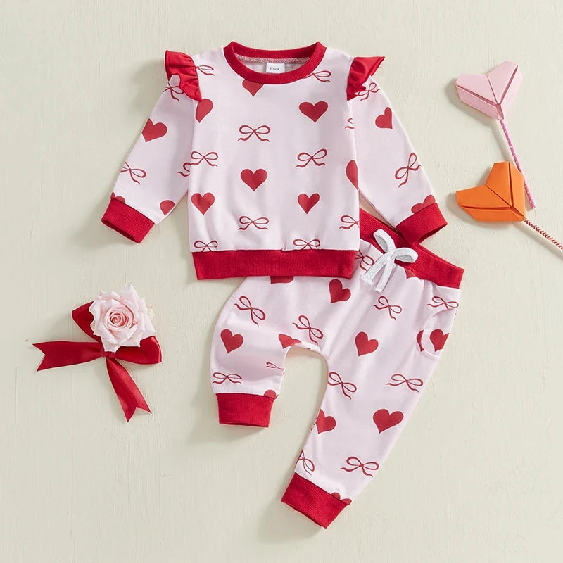 Bow /Heart Print Ruffle Long Sleeve Sweatshirt and Elastic Pants 2 Piece set