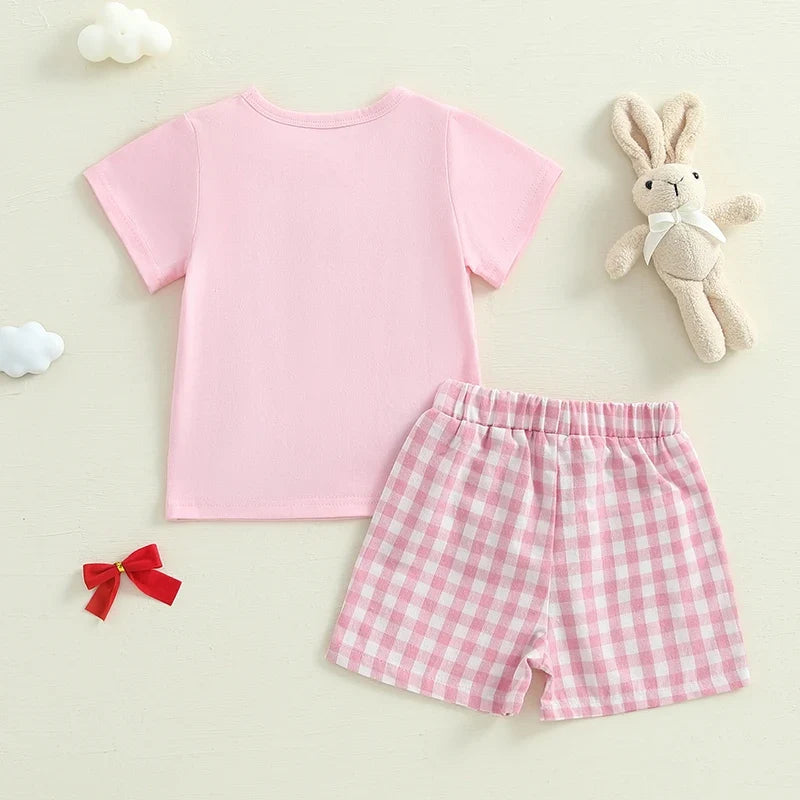 Baby Girl 2Pcs Easter Outfits Short Sleeve Bunny Bow Embroidery T shirt and Shorts