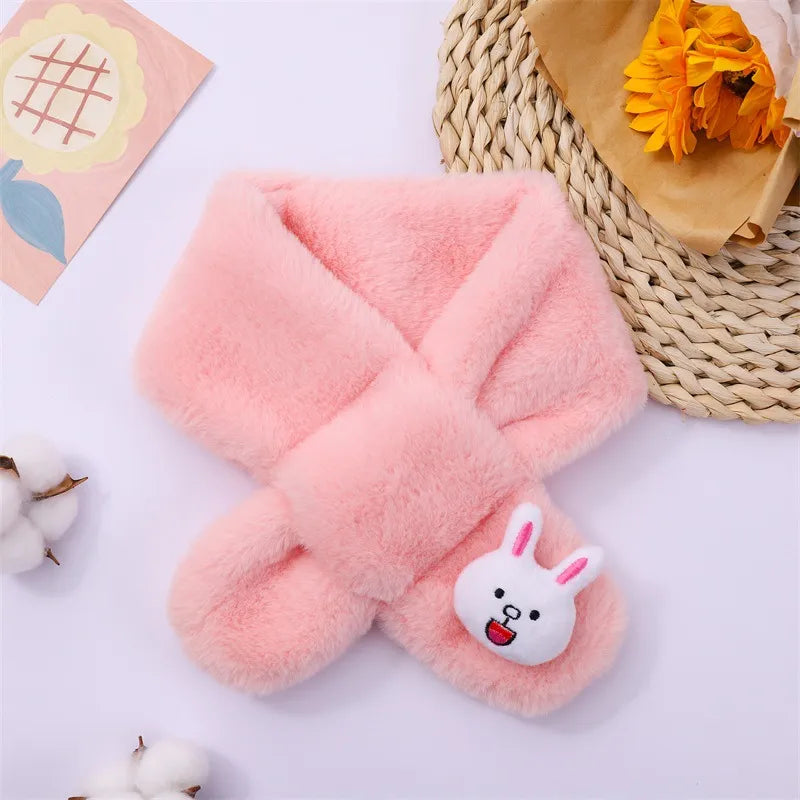 Baby Winter Warm Thicken Scarfs New Children Cute Cartoon Faux Rabbit Fur Cross Collar Scarves Boy Girl Soft Plush Scarf Gift