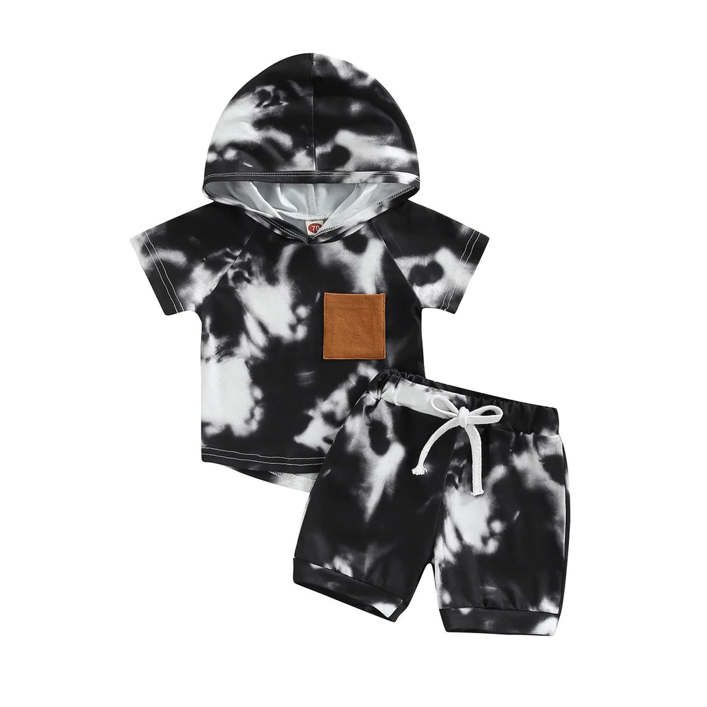 2Pcs Casual Clothing Set Short Sleeve Hooded Tie-Dye  Pritned Top and Shorts