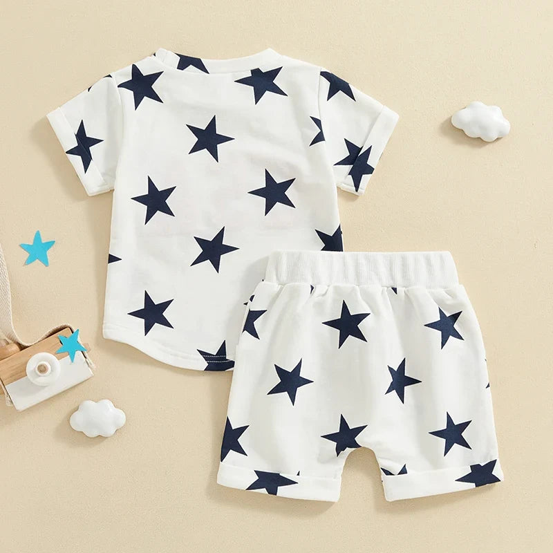 Boys 4th of July Short Sleeve Embroidery Letters T-shirt with Stars Print + Shorts Outfit