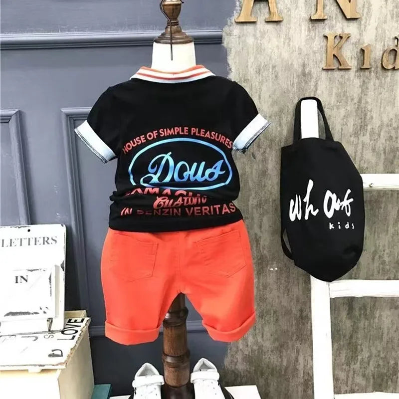 Boys' Summer 2024 New Set Summer Children's Clothing Children's Clothing Boys' Black T-shirt+Shorts Kids Outfits
