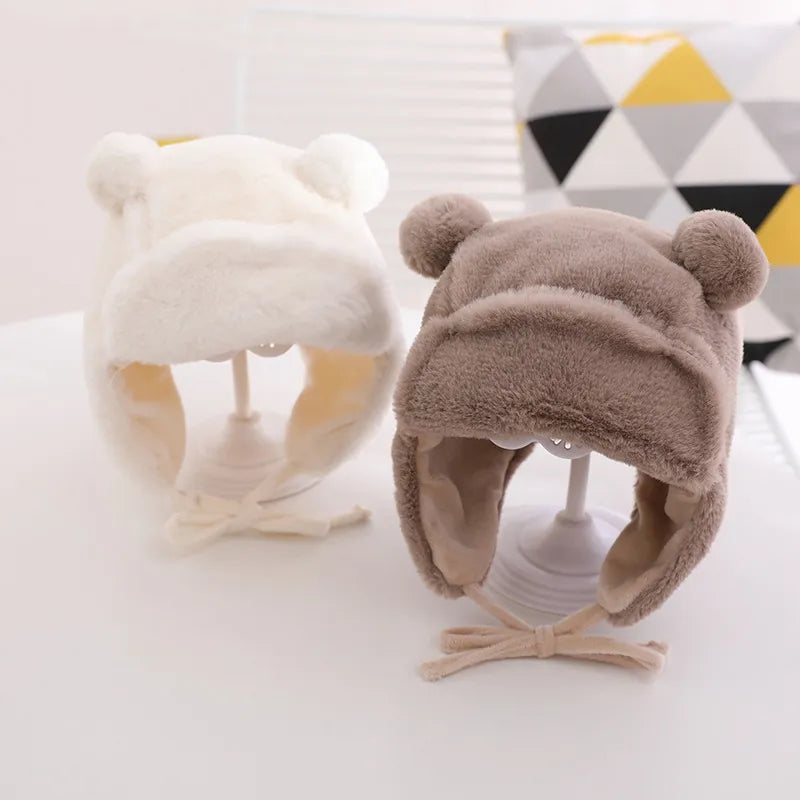 Cute Bear Baby Hat Soft Furry Ear Protection Kids Bonnet Hats with Earflaps Winter Warm Lined Infant Girl Boy Beanies Cap