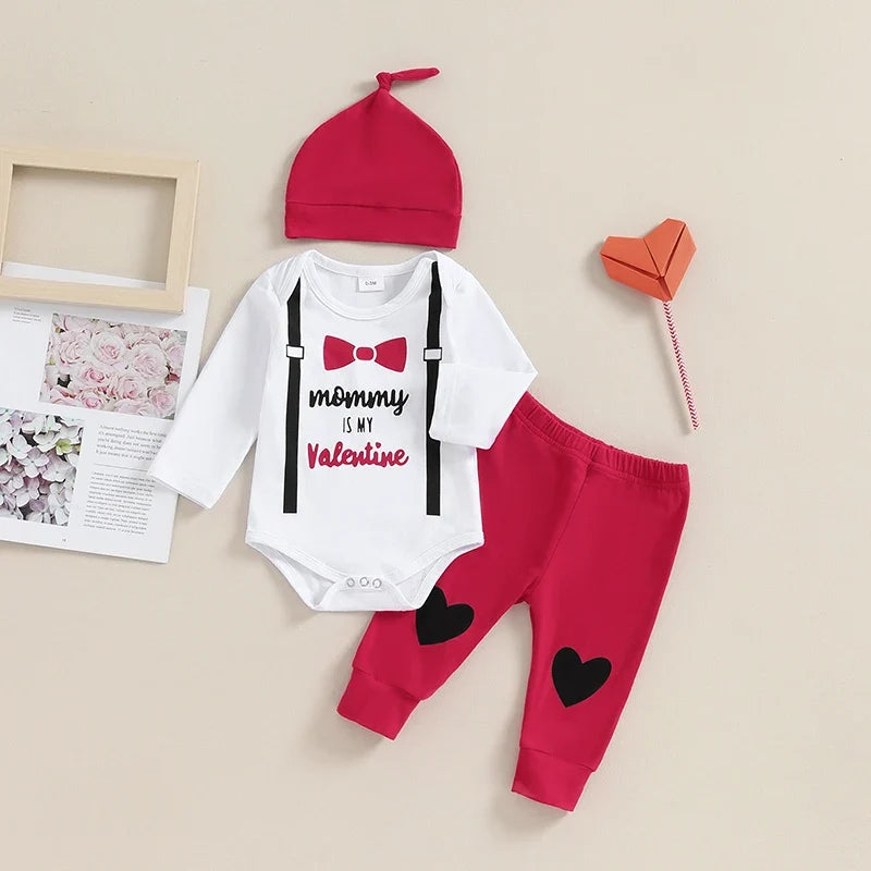 Bow Print Long Sleeve Romper with Pants and Hat Outfit