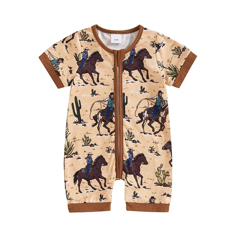 Boy Western Short Sleeve Round Neck Horse Print Jumpsuit
