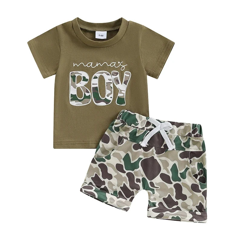 Boys Summer Shorts Sets Short Sleeve Letter Print Tops and Camouflage Shorts Sets