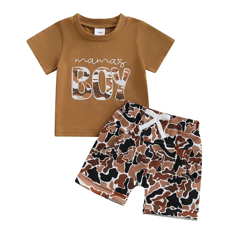 Boys Summer Shorts Sets Short Sleeve Letter Print Tops and Camouflage Shorts Sets
