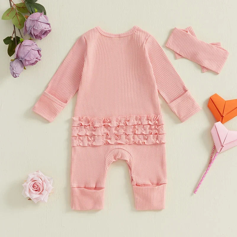 Baby Girl Long Sleeve Letters Heart Print Jumpsuit with Bowknot Headband