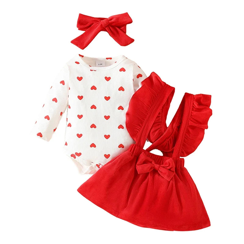 Baby Girl Valentine Day Clothes Heart Print Long Sleeve Romper with Suspender Skirt and Bow Headband