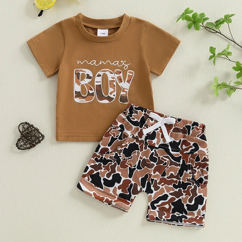 Boys Summer Shorts Sets Short Sleeve Letter Print Tops and Camouflage Shorts Sets