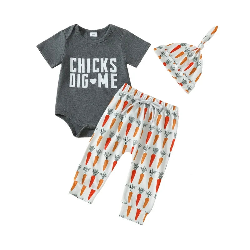 3 Piece Set: Short Sleeve Letter Print Romper with Carrot Pants and Hat