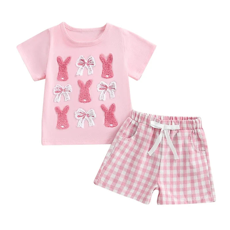 Baby Girl 2Pcs Easter Outfits Short Sleeve Bunny Bow Embroidery T shirt and Shorts