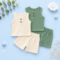 The Aarav - 4-Piece Unisex Baby Summer Outfit Set – Waffle Knit Henley Tank Tops & Elastic Waist Shorts, Neutral Style