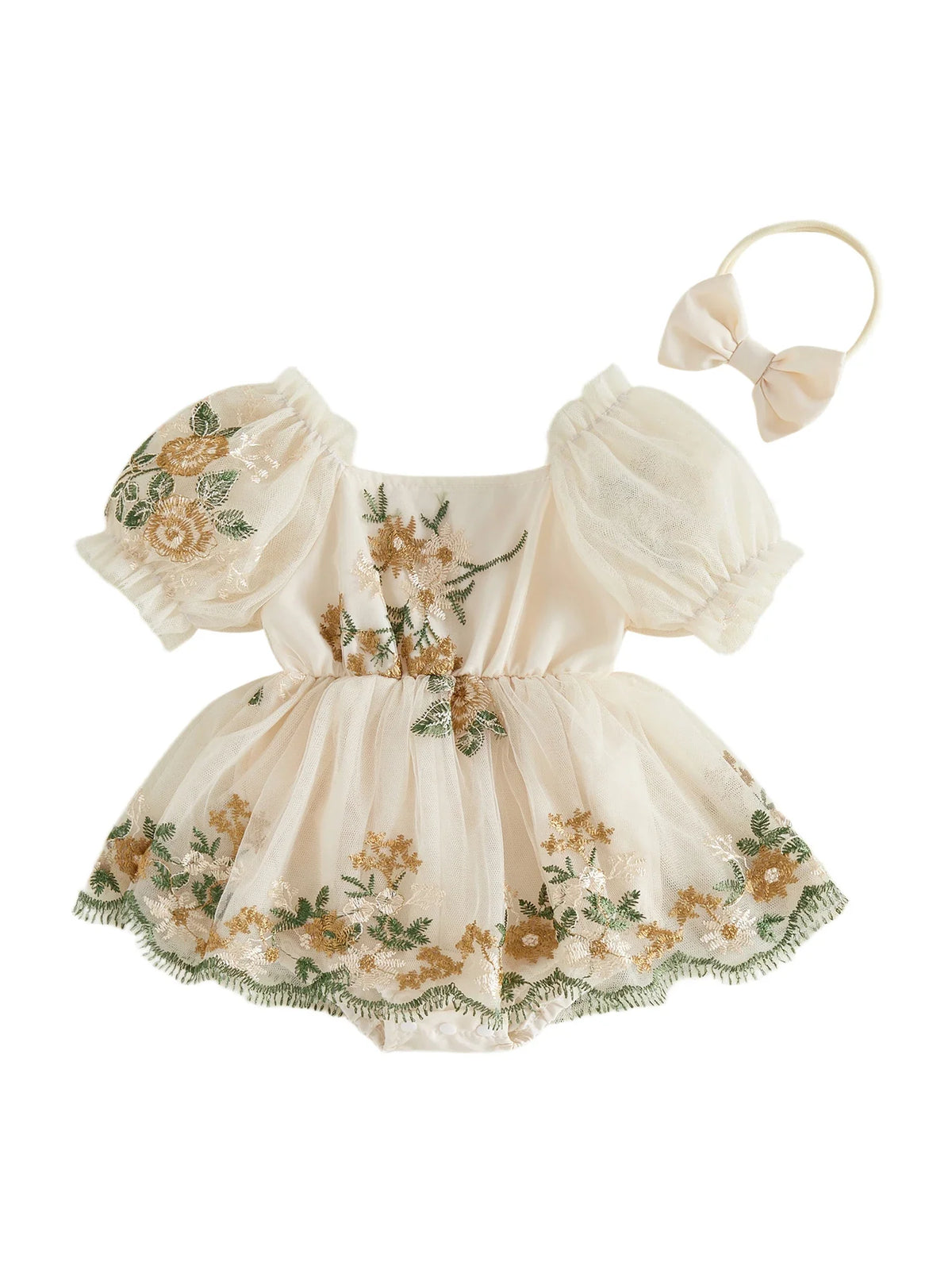 Baby Girl Summer Outfit Flower Embroidered Mesh Short Sleeve Dress and Bow Headband 2 Pcs Set