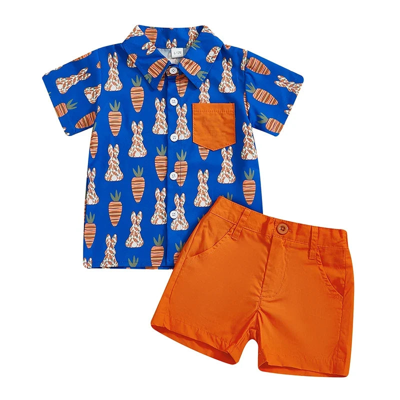 Boys Easter Outfits Bunny Carrot Pattern Collar Short Sleeve Shirt with Shorts 2 Pcs Set