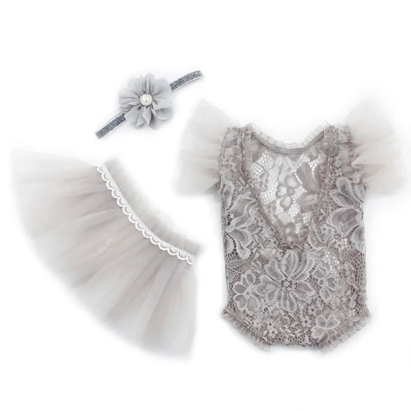 3Pcs Newborn Photography Props Baby Girl Lace Dress Infant Toddler Photo Props Headdress Outfits