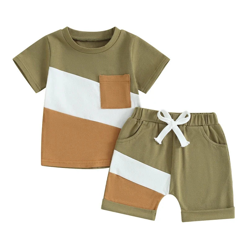 Contrast Color Short Sleeve T-shirt with Elastic Waist Shorts Set
