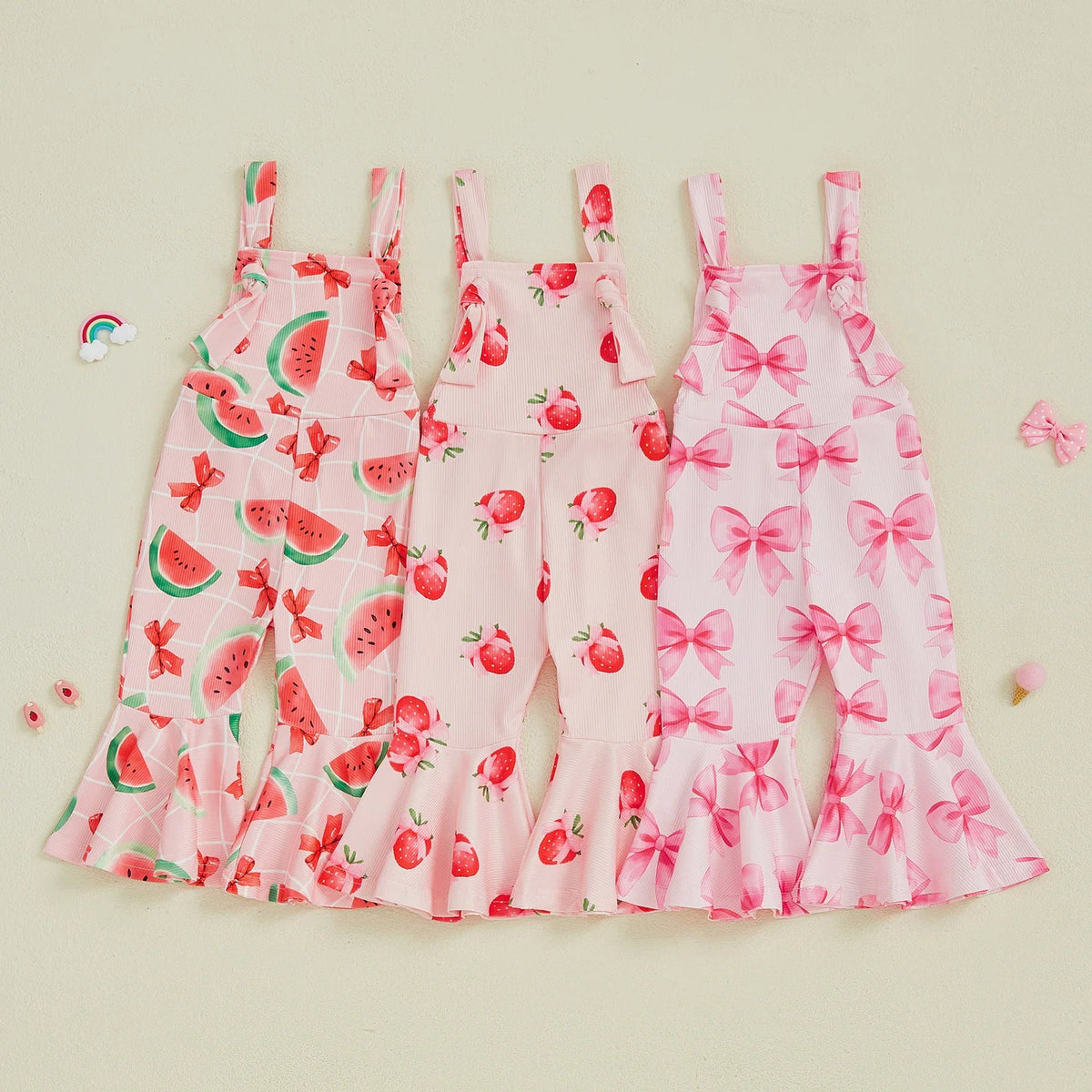 Bell-Bottom Jumpsuit Bow/Watermelon/Strawberry Square Neck