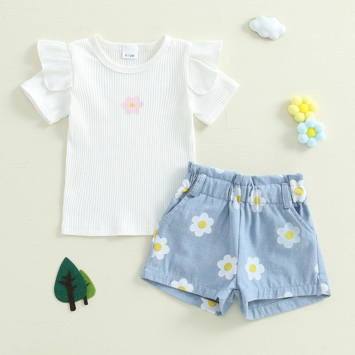 1-4Y Baby Girl Summer Outfits Ruffle Short Sleeve Floral Print Ribbed t Shirt Tops Shorts Set Toddler Baby Clothing 2Pcs
