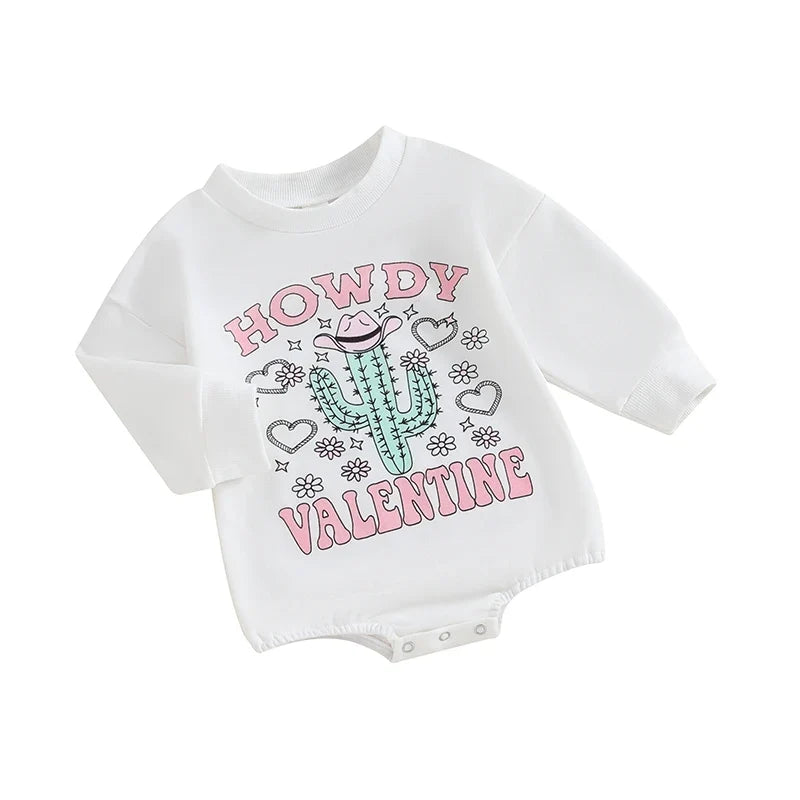 Baby Girls Romper Long Sleeve Crew Neck Letters Cactus Print