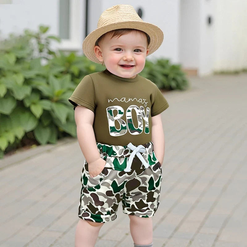 Boys Summer Shorts Sets Short Sleeve Letter Print Tops and Camouflage Shorts Sets