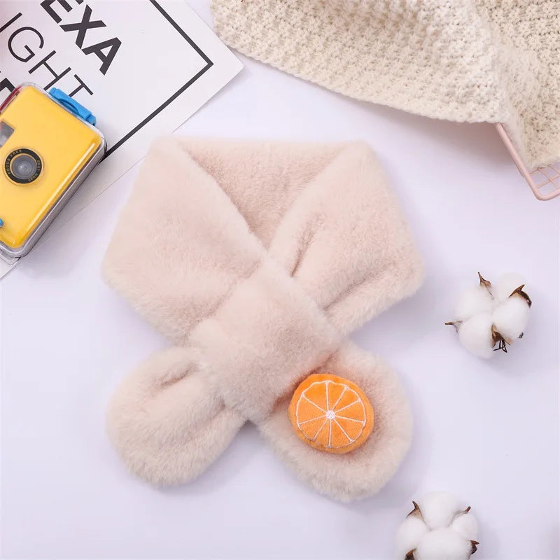 Baby Winter Warm Thicken Scarfs New Children Cute Cartoon Faux Rabbit Fur Cross Collar Scarves Boy Girl Soft Plush Scarf Gift