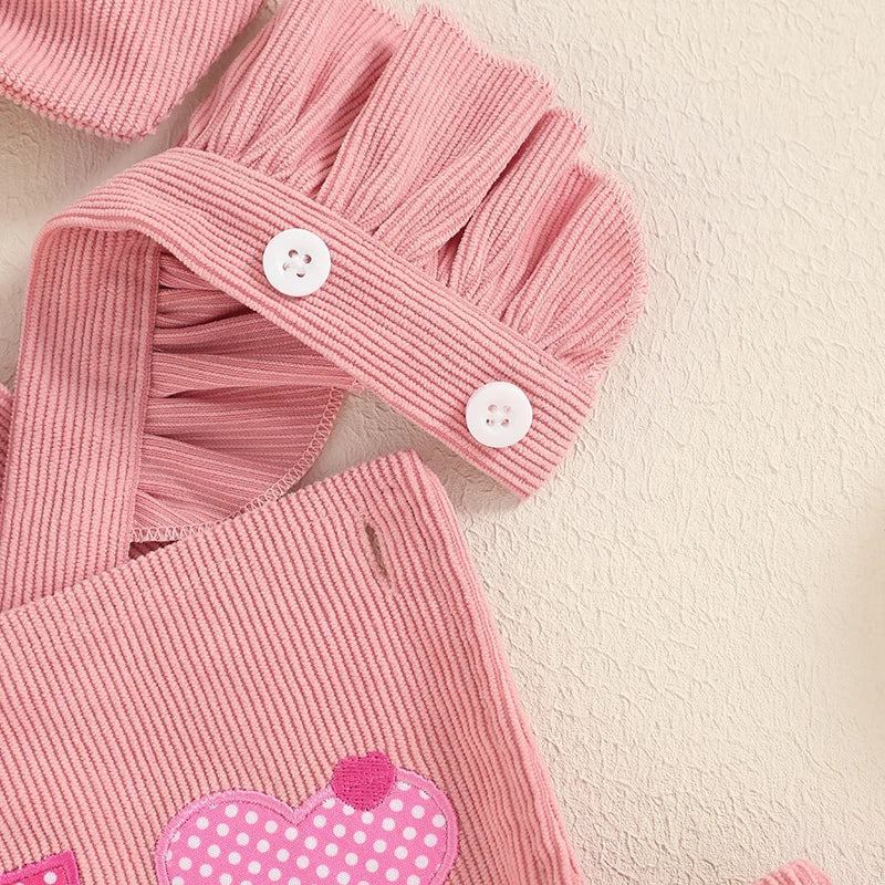 Baby Girl Valentines Day Outfit Heart Letter Embroidered Corduroy Overalls