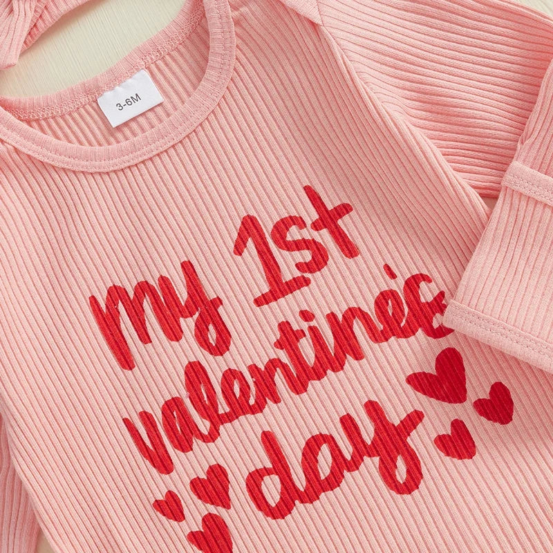 Baby Girl Long Sleeve Letters Heart Print Jumpsuit with Bowknot Headband