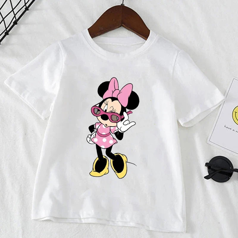 Cute Minnie Mickey Mouse Print Short Sleeve White T-shirt