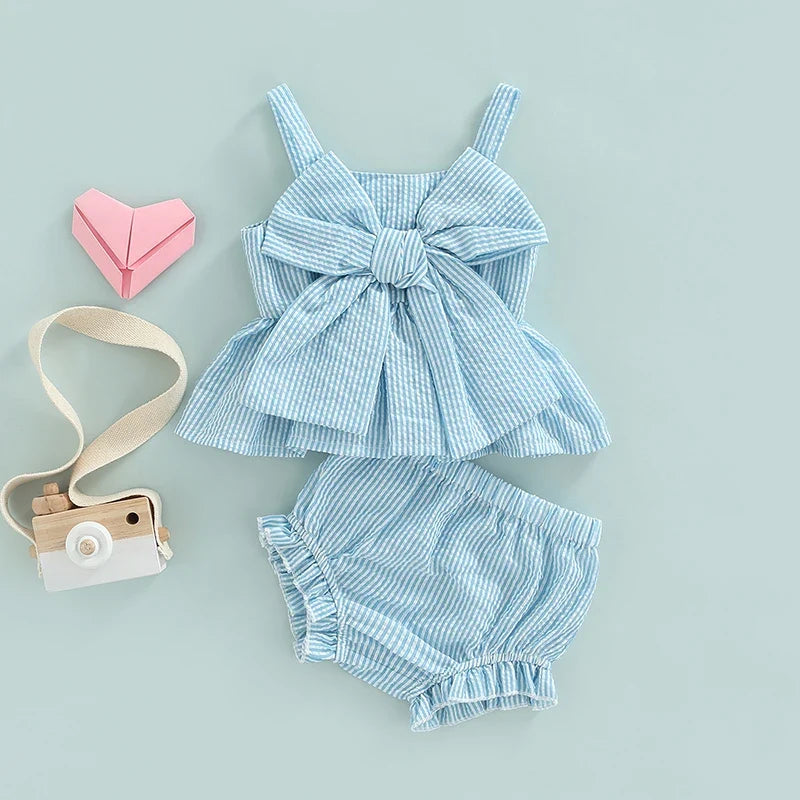 Girl 2Pcs Sweet Clothing Set Striped Print Big Bow Embellished Vest