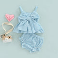 Girl 2Pcs Sweet Clothing Set Striped Print Big Bow Embellished Vest